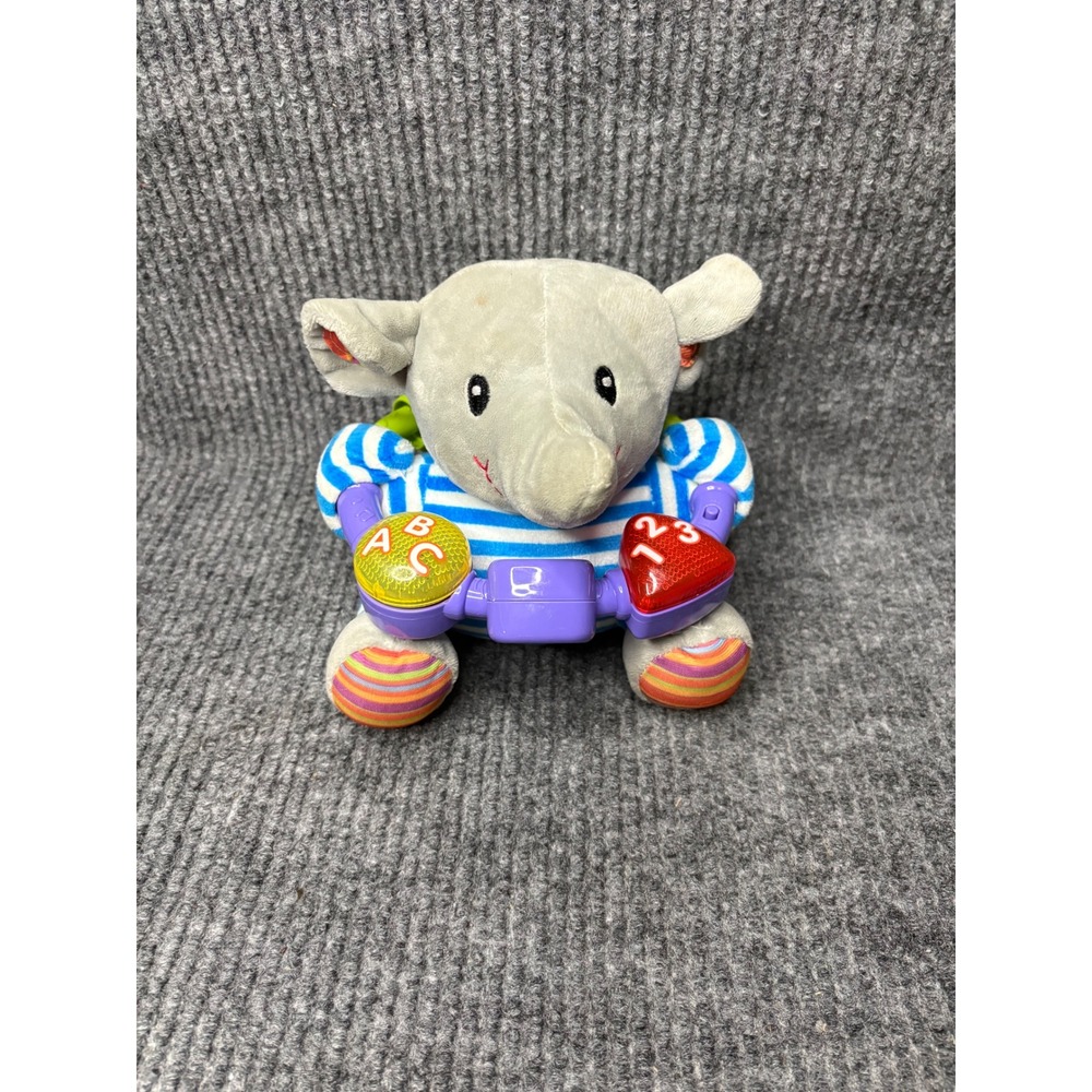VTech Baby Learn and Spin Elephant Plush Interactive Musical Toy Blue Striped